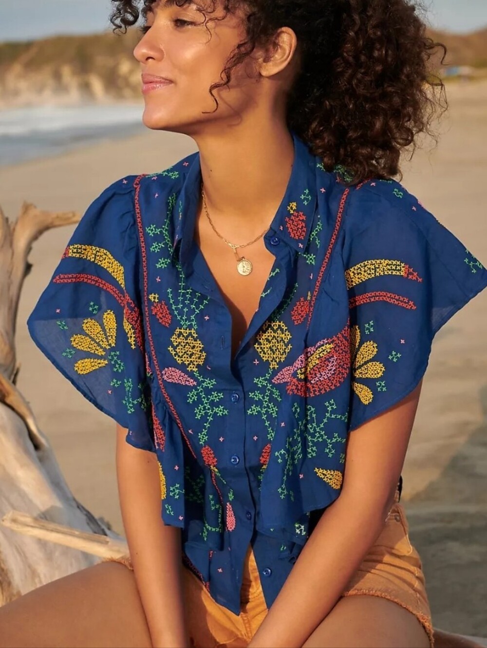 FARM RIO Tropical Naya Cross-Stitched Navy Buttondown